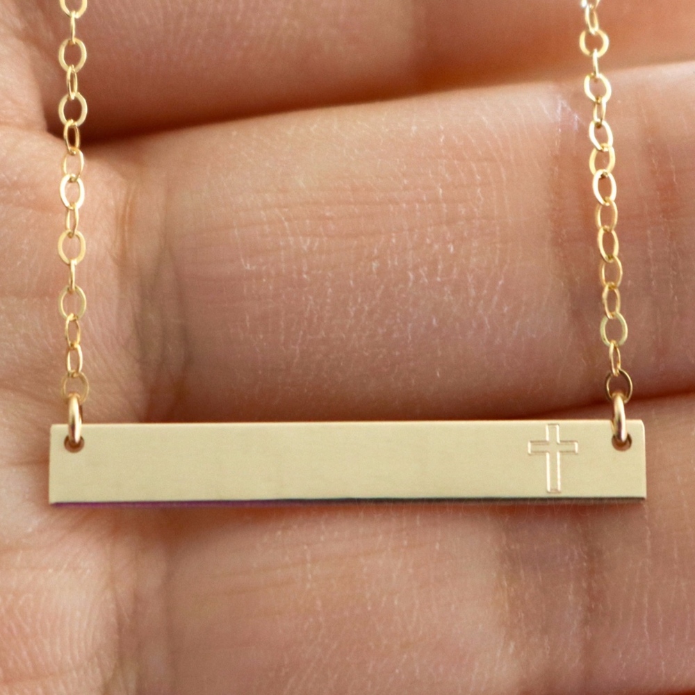 14k Gold Filled Cross Engraved Bar Necklace